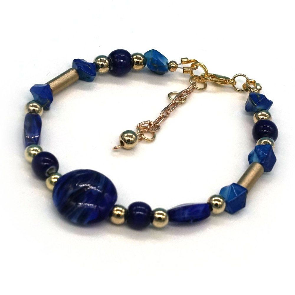 Bracelet Lapis Stones Blue Hand Blown Glass Bead Gold Beads.